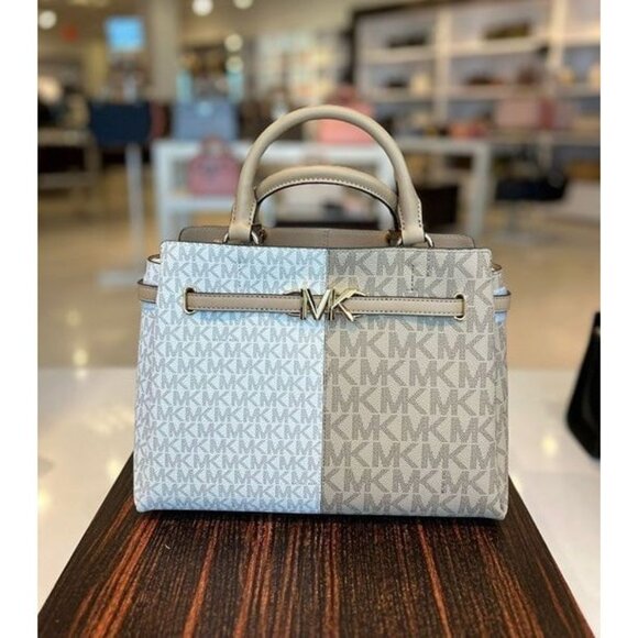 Michael Kors Reed Large Belted Satchel Purse Camel Multi